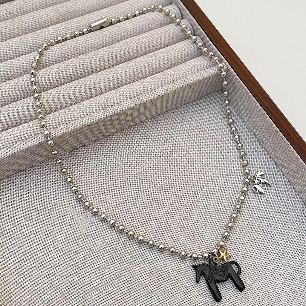 Funny Cute White Black Pink Color Enamel Colt Horse Pendant Necklaces for Women Alloy Beads Chain Chokers Fashion Jewelry