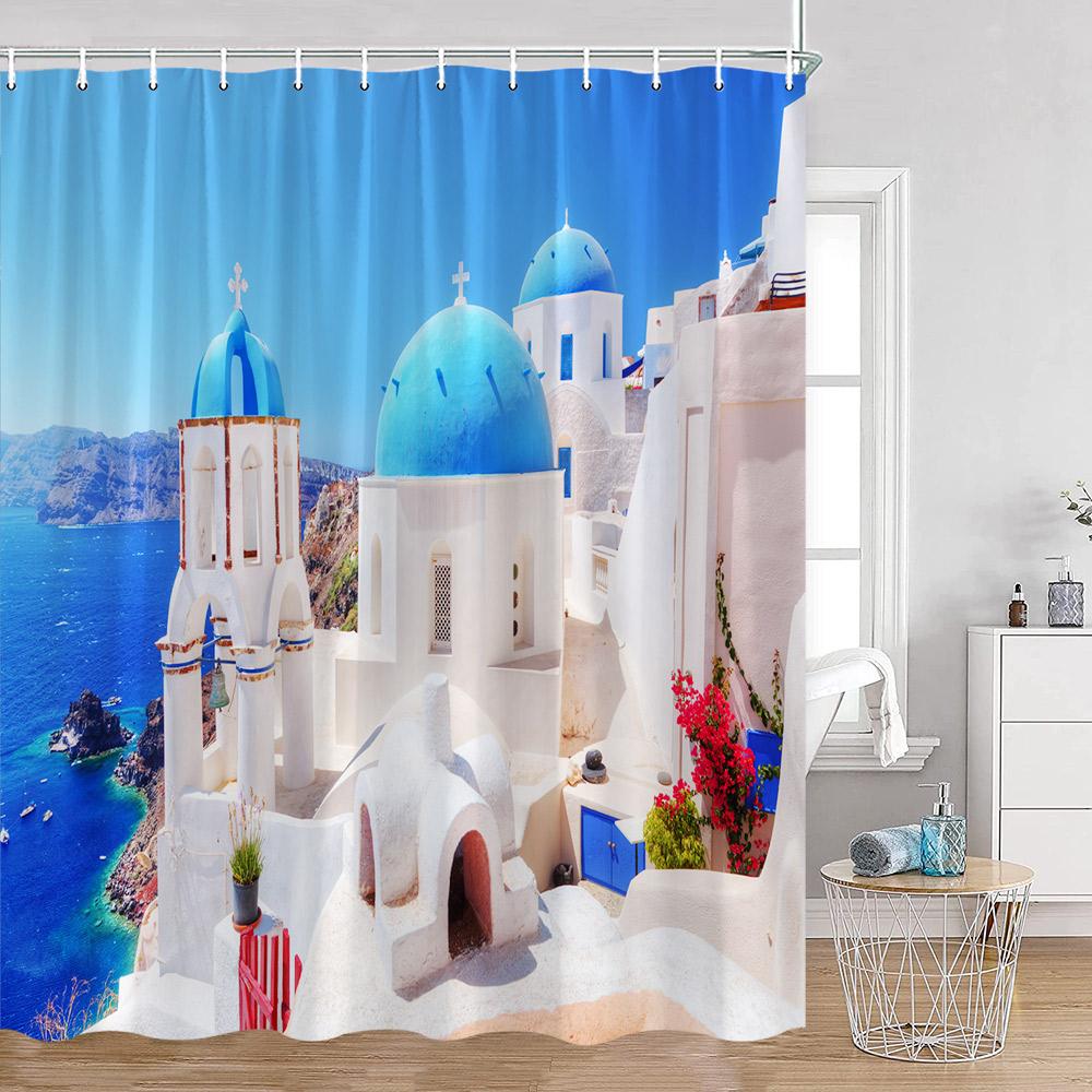 Greek Town Shower Curtain Greek Street View Sea View Blue Door Greece Scenery Bathroom Curtain Flower Plant Bath Decor with Hook