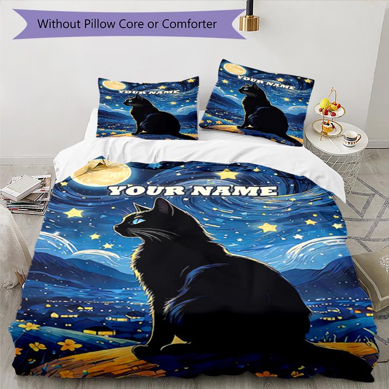 3PC Custom Name "Starry Night Cat Dreamscape" Bedding Set Duvet Cover Closure Includes 1 Duvet Cover & 2 Pillowcases for Bedroom