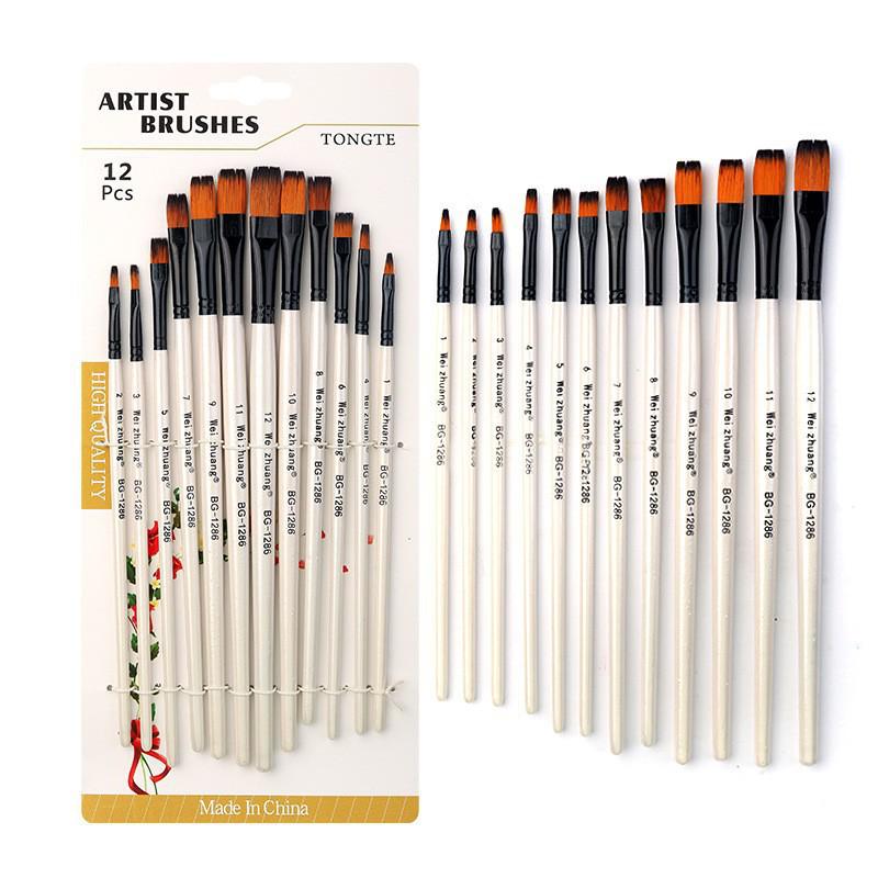 Foreign Trade Nylon Painting Brush Set - 10 Pieces, Red & Blue Handles, Flat Gouache & Oil Brushes