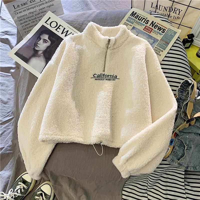 Womens Short Fleece Zip Sweatshirt Plus Size Loose Warm Winter Top Casual Hoodie Alternative