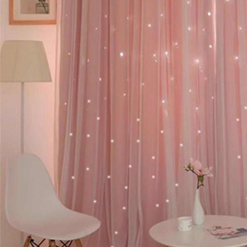 1pc Korean-style Double-layer Integrated Lace Blackout Hollow Star Curtain, Ready-made for Bedroom and Living Room