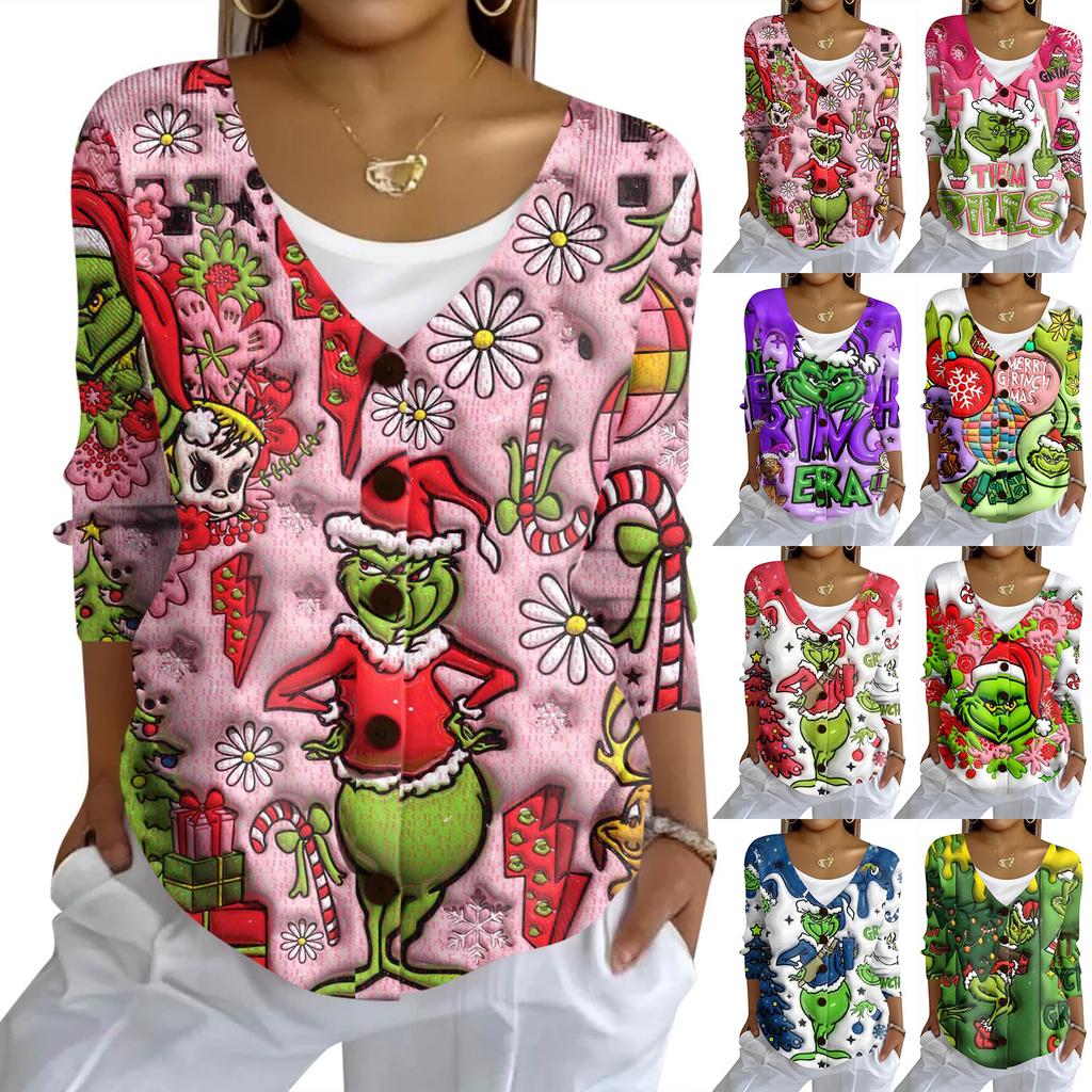 Women's Fashion Casual Knit Sweater Button-Up Christmas Print Cardigan Jacket