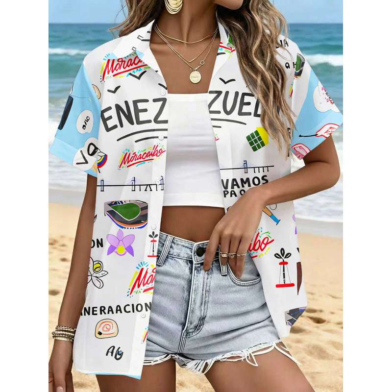 Damen Casual Kurzarmhemd Venezolanische Kulturelle Symbole Knopfleiste Oberteil Maschinenwaschbar Mode