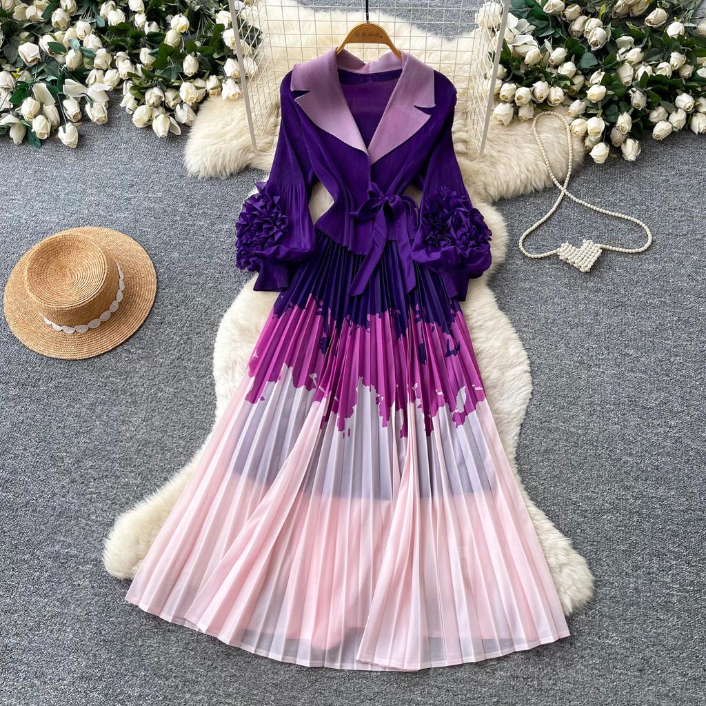Commuter suit collar flower splicing dress women slim and thin pleated long dress high-end pleated knee skirt