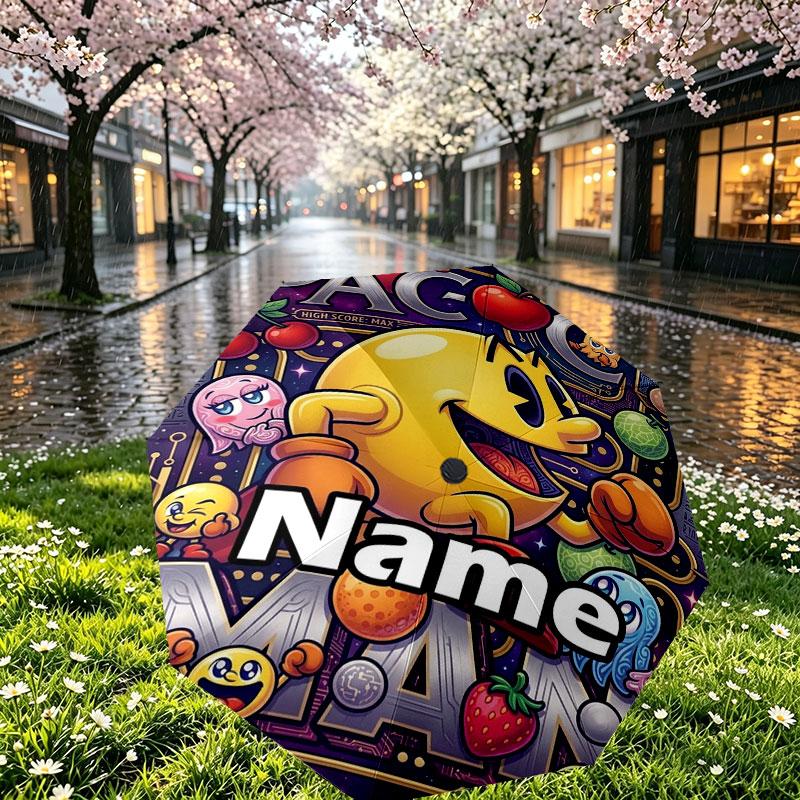 Custom Name Personalized PAC MAN Print Umbrella, Auto Open Close, 8‑Rib Sturdy Frame, Commute Camping Hiking Use, Birthday Gift
