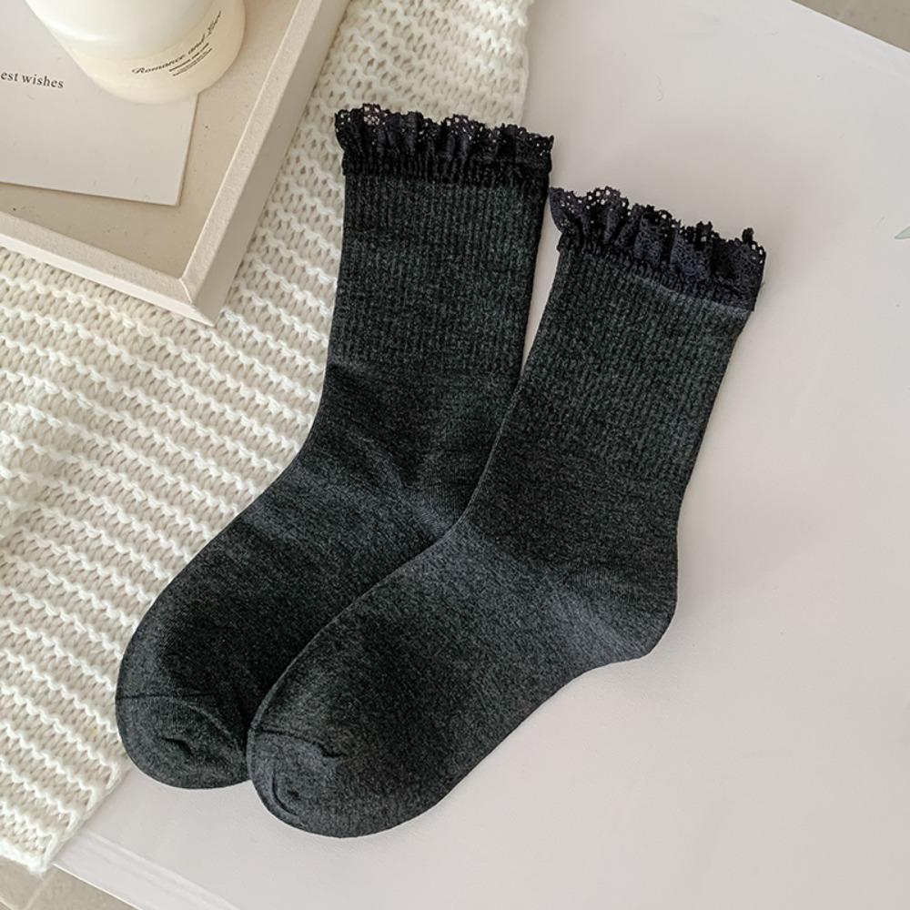 

Breathable Women s Socks Lace Frilly Crew Socks Fashion Long Socks темно серый
