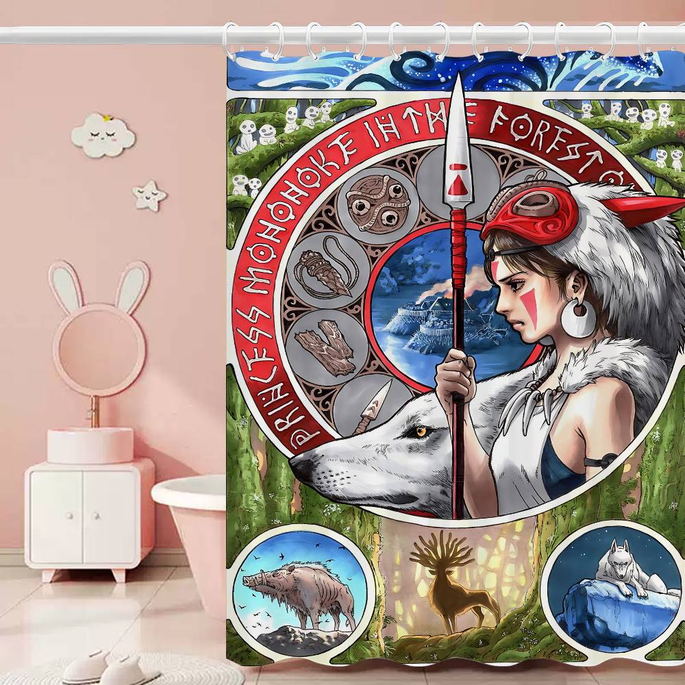 

P-Принцесса Аниме M-Мононоке Занавеска для душа Водонепроницаемая и устойчивая к плесени Занавеска для душа Полиэстер Экран для ванной с крючком 150x180 cm