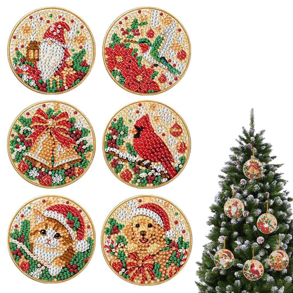 DIY Diamond Painting Christmas Tree Ornament 6pcs Round Wooden Pendants with Resin Gems And Rope