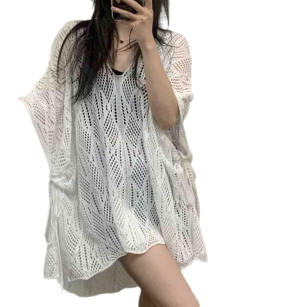 Hollow knitted sweater women's summer new design sense niche sexy perspective loose lazy wind beach sunscreen blouse