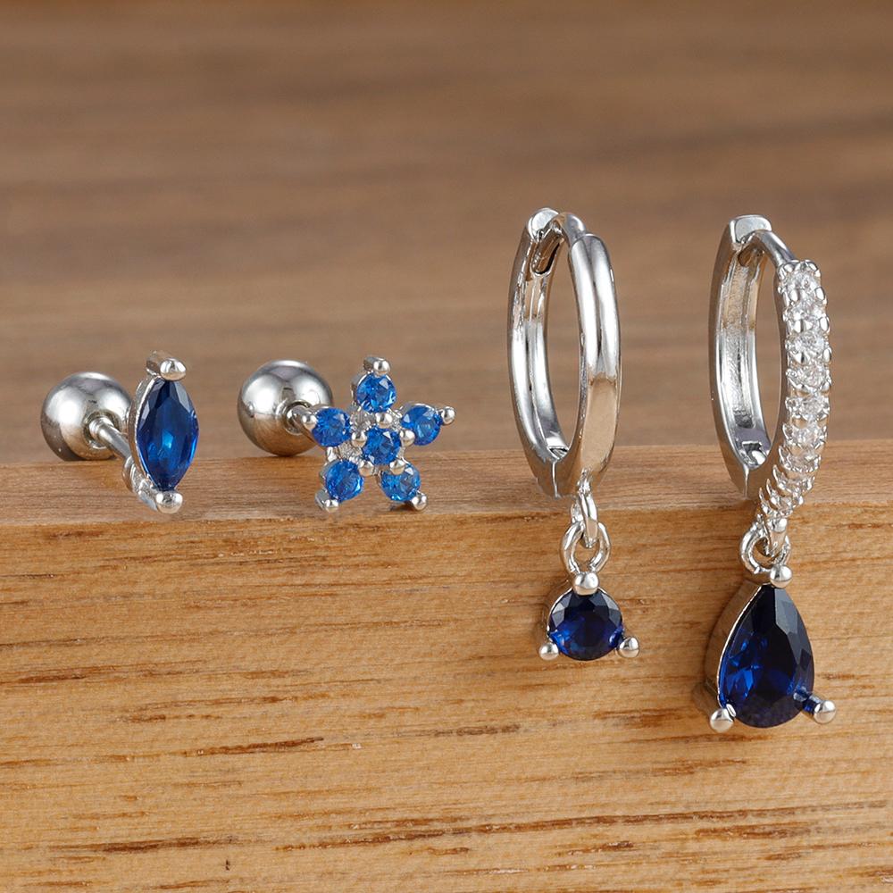 4PCS New Design Stainless Steel Water Drop Cubic Zirconia Dangle Earrings Set Flowers Horse Eyes Stud Piercing Earring Jewelry