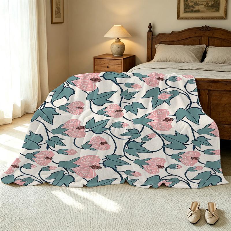Floral Print Flannel Blanket Ultra Soft, Skin-Friendly, Cozy Warm for Home, Dorm, Christmas & Halloween