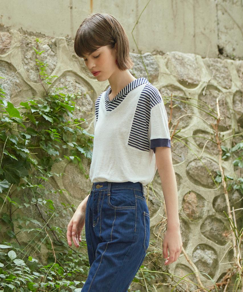 Baitalssain [Line] Stripe Sailor Collar T-Shirt