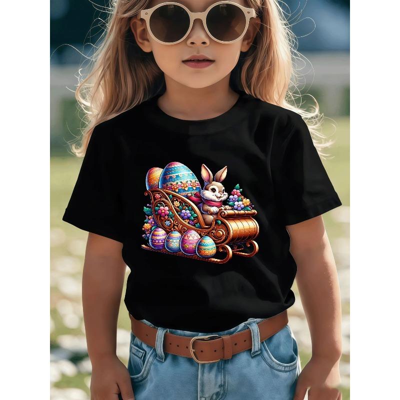 Europäische Größen Süßes Osterhasen-Ei T-Shirt | Perfekt für Mädchen und Jungen, Lebendige Farben mit großohriger Häsin und Blumenmuster