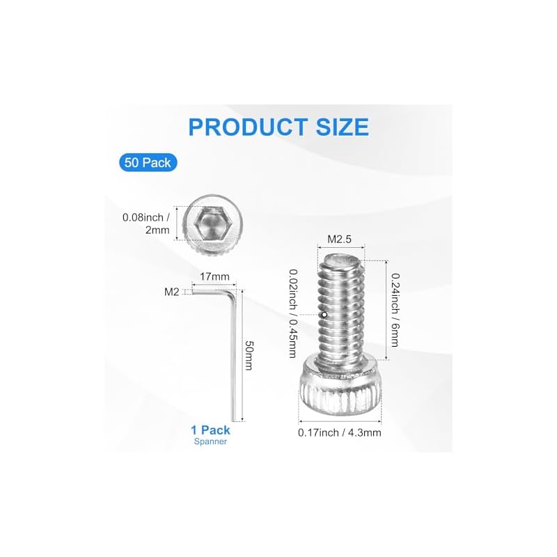 M METERXITY 50-Pack M2.5 X 6mm Socket Head Cap Screws, 304 Stainless Steel Hex Machine Bolts, Allen Socket Drive Screws, Hex Wrench Included,