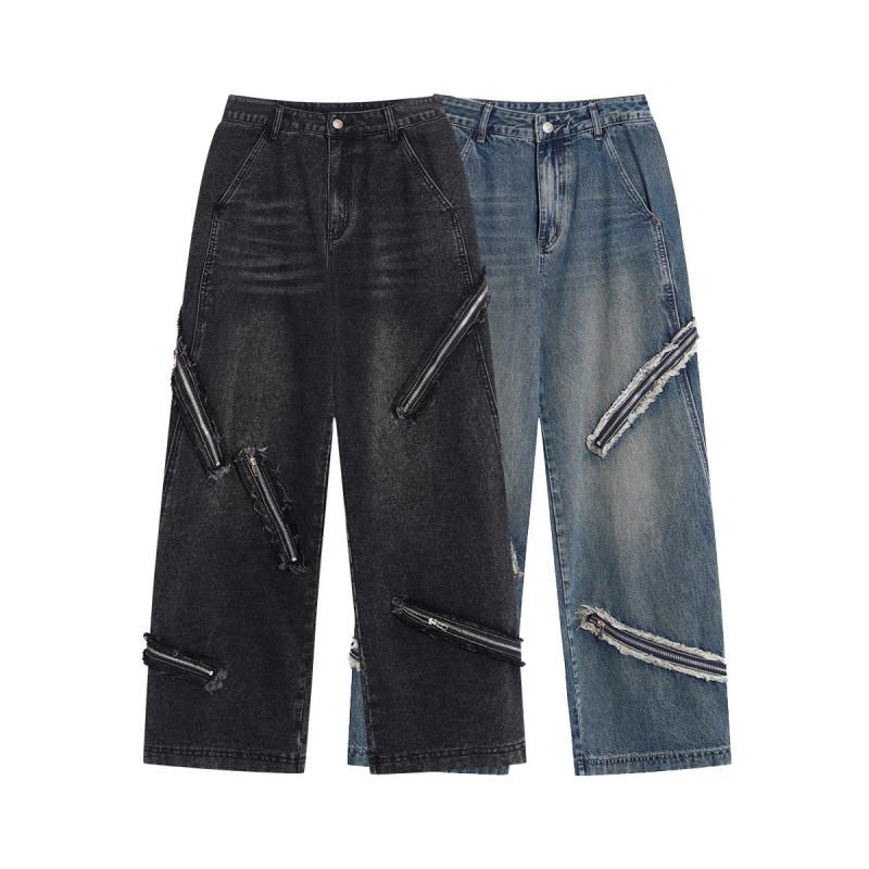 American Style Loose Straight Wide Leg Jeans Men Vintage Washed Distressed Denim Pants