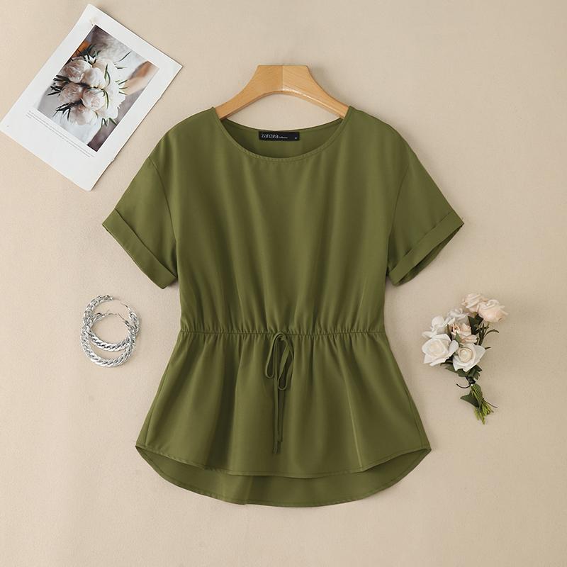

ZANZEA Женская повседневная блузка с круглым вырезом, летняя, с кулиской на талии, с коротким рукавом S зелёный