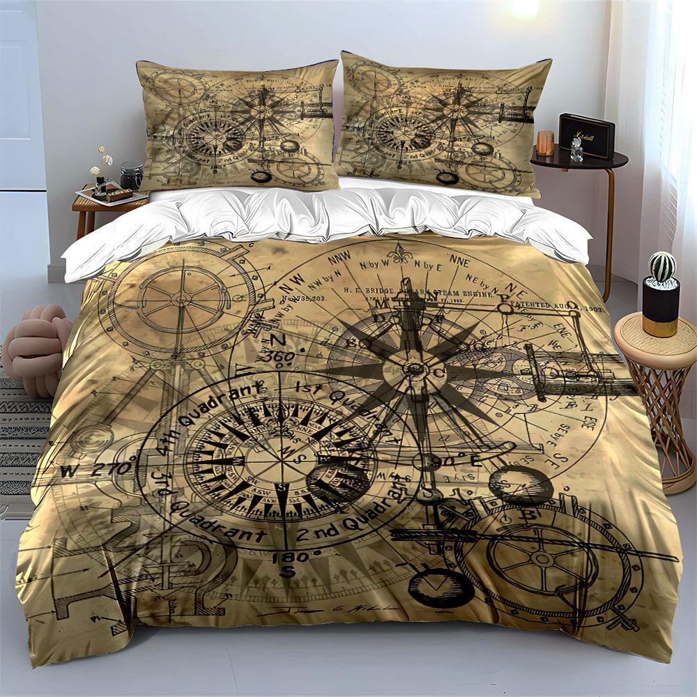 Steampunk Nautical Compass Art Bedding Duvet Cover Set Duvet Cover Pillowcases (1*Duvet Cover 2*Pillowcases, Without Duvet Insert)
