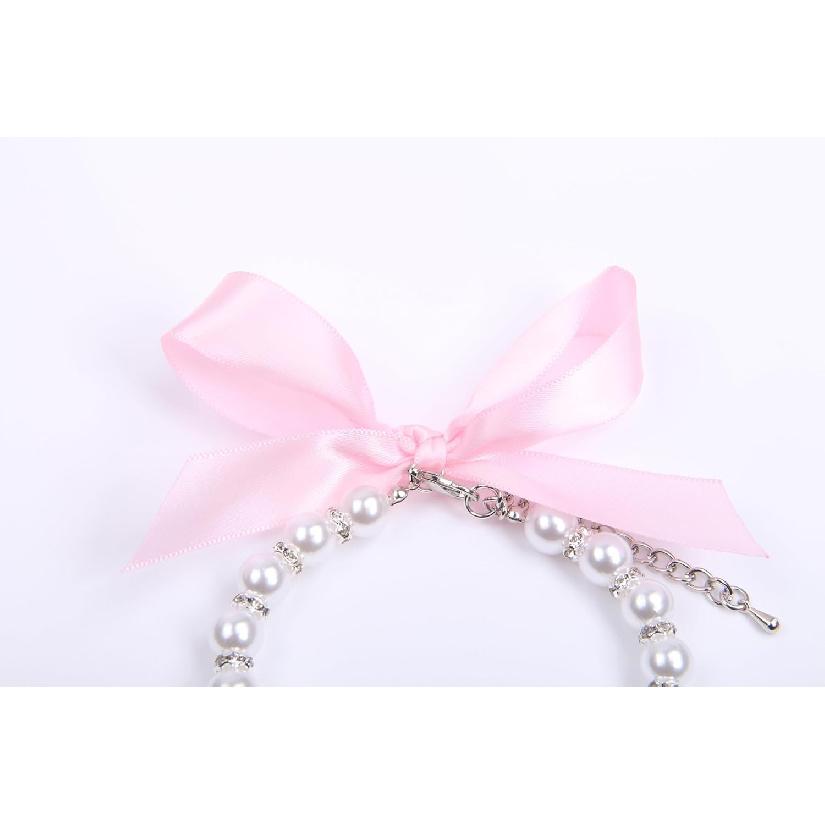 Dog Cat Pearls Necklace Collar with Rhinestones Bone Charm Pendant Pet Puppy Jewelry Accessory (Pink, Small)