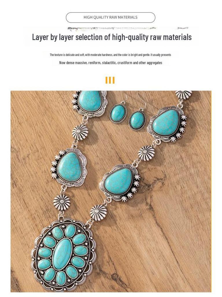 European & American Retro Turquoise Necklace and Earring Set