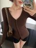 Women's Deep V Neck Button Long Sleeve Top Ribbed Fitted Soft Dralon Thermal Slim Y2K Sweet Tee Fall Sexy Club Crop Blouse