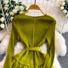 Elegant V-neck Long Sleeve Pleated Dress for Women Orange Red Pearl Trim Belted Waist 3D Flower Hem Midi Dresses Women