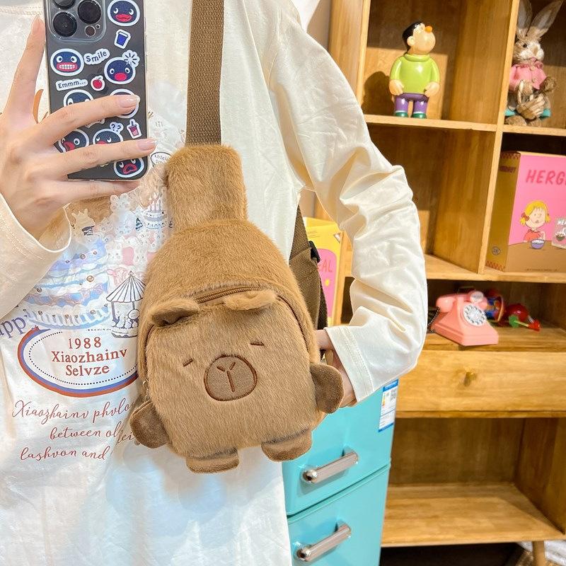 Kawaii Capybara Plush Shoulder Bag Cute Cartoon Soft Chest Pack Daily All-in-one Storage Cell Phone Bag Winter Gifts for Student