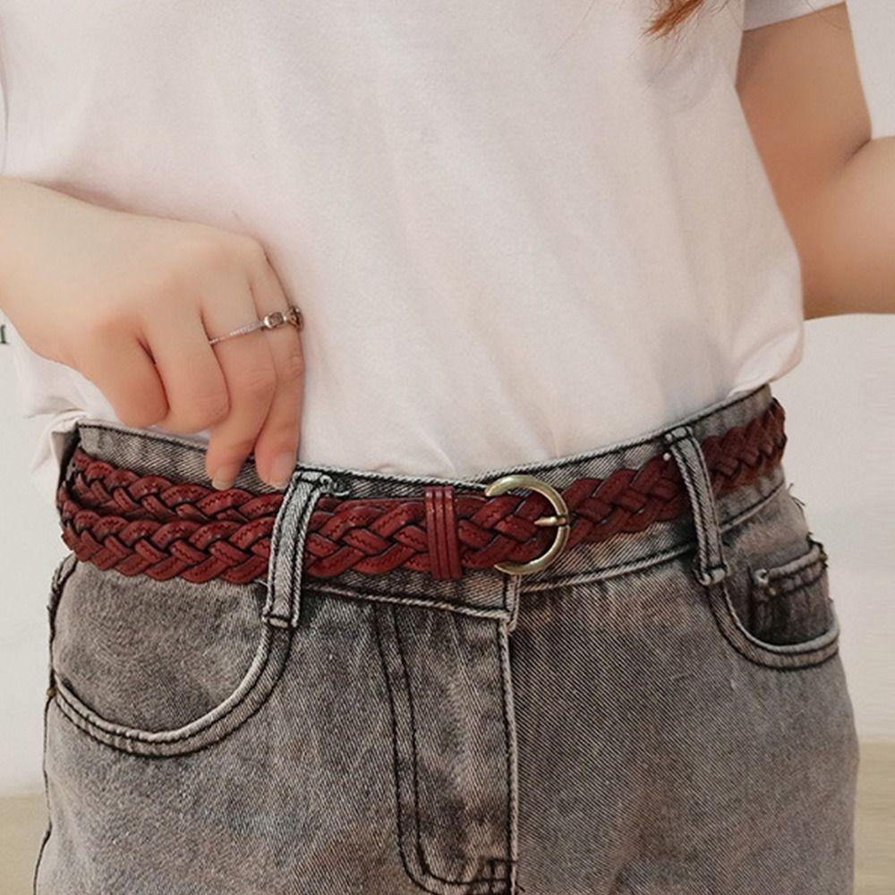 Casual Wild Cowhide Braided Belt Ladies Dress Cummerbands Pin Buckle Waistband Weave Waist Band