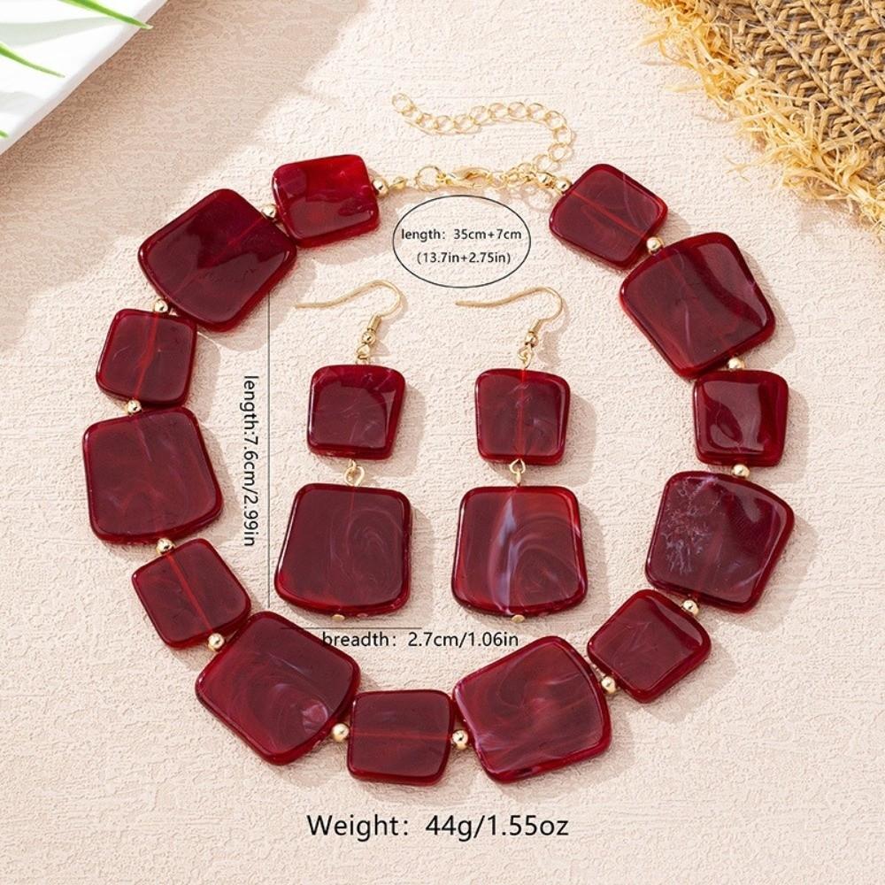 Wine Red Stud Earrings Resin Neck Chain Retro Necklace Earrings Set  for Women