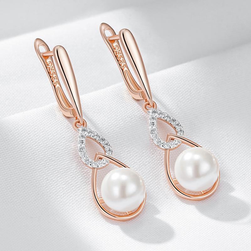 Luxury  Rose Gold Color Drop English Earrings For Women Unique Geometric Pearl Earrings Bridal Wedding Jewelry  New