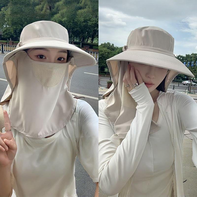 Summer Outdoor Travel Sunshade Sun Hat Detachable Cape Mask Sun Hat Women Ponytail Large Brim Beach Hats