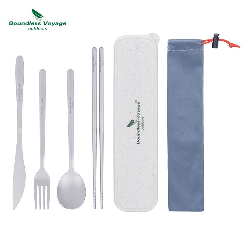 Ultra-light Pure Titanium Cutlery Set: Spoon, Fork, Knife, Chopsticks with Portable Storage Bag and Box