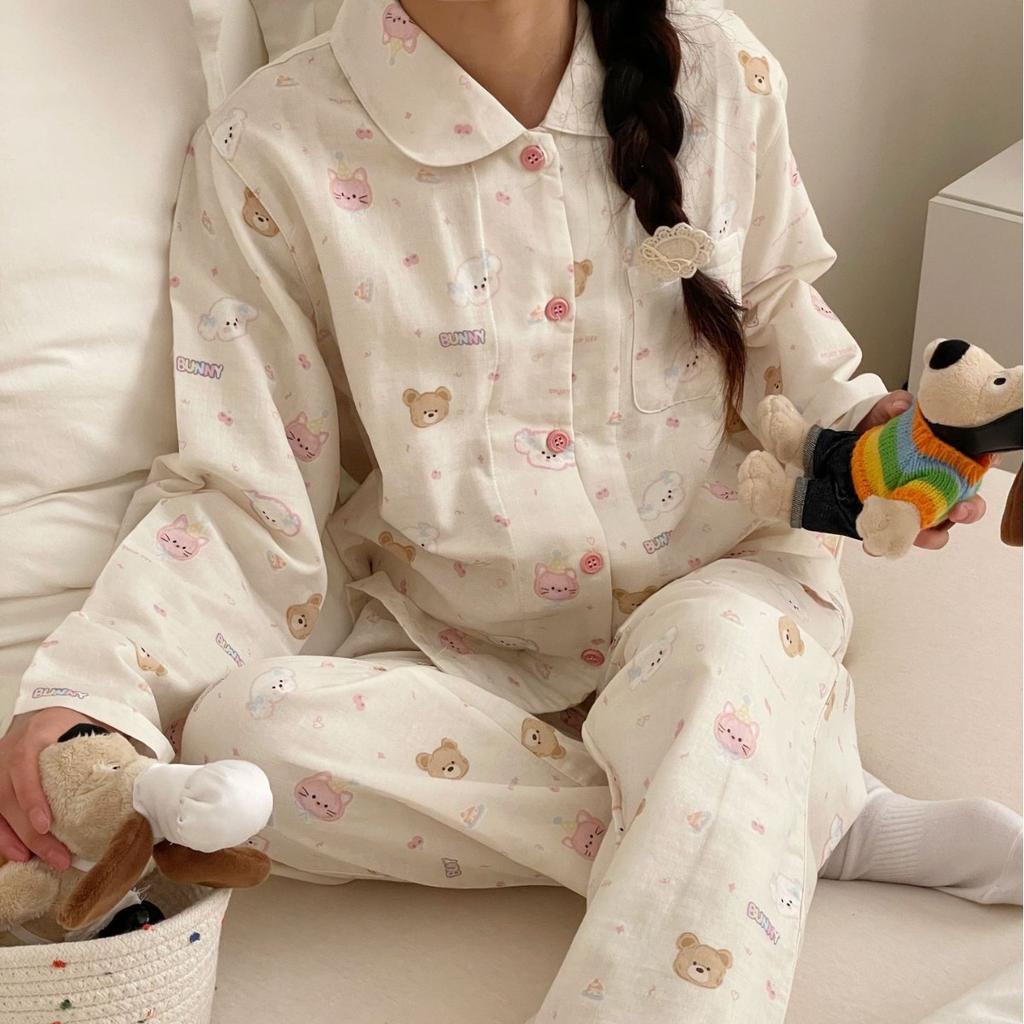 11 pajamas loungewear small lapel women's simple cotton double-layer yarn pajamas bear zai breathable loungewear