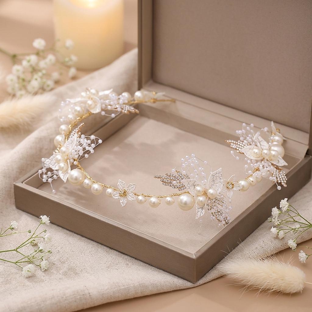 Bridal Rhinestone Leaf Headband Pearl Hairpiece Wedding Accessory