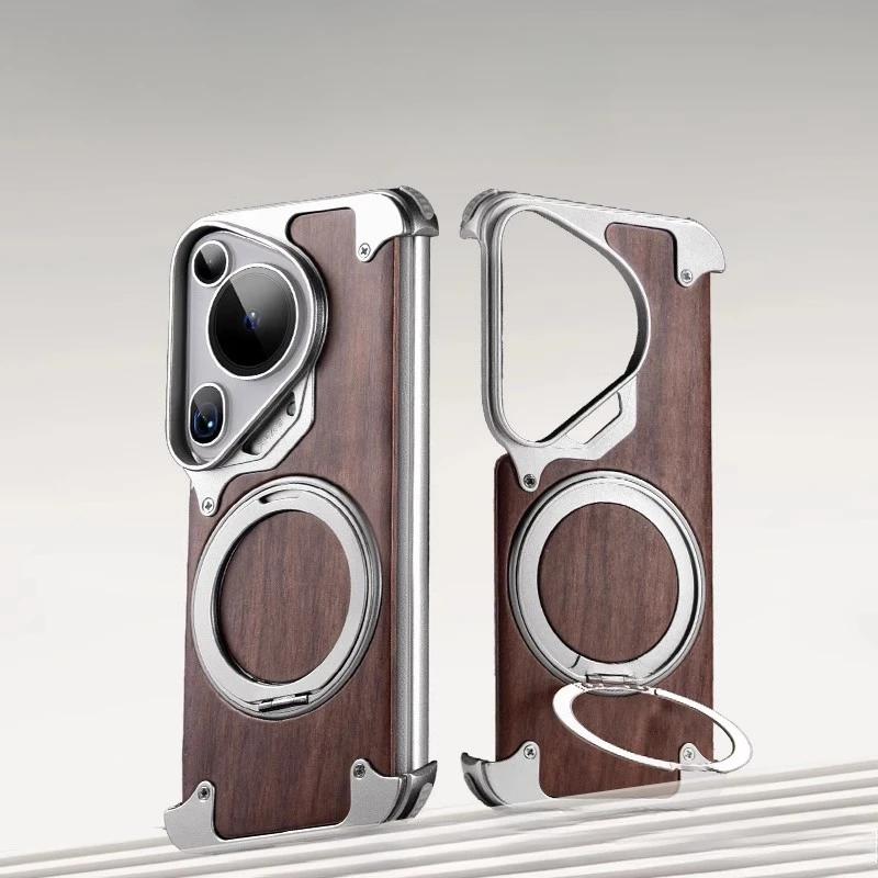 Oatsbasf Phone Case for Huawei Pura 70 Ultra with 360° Rotatable Stand Wooden Metal Frame Shockproof Magnetic Protective Cover