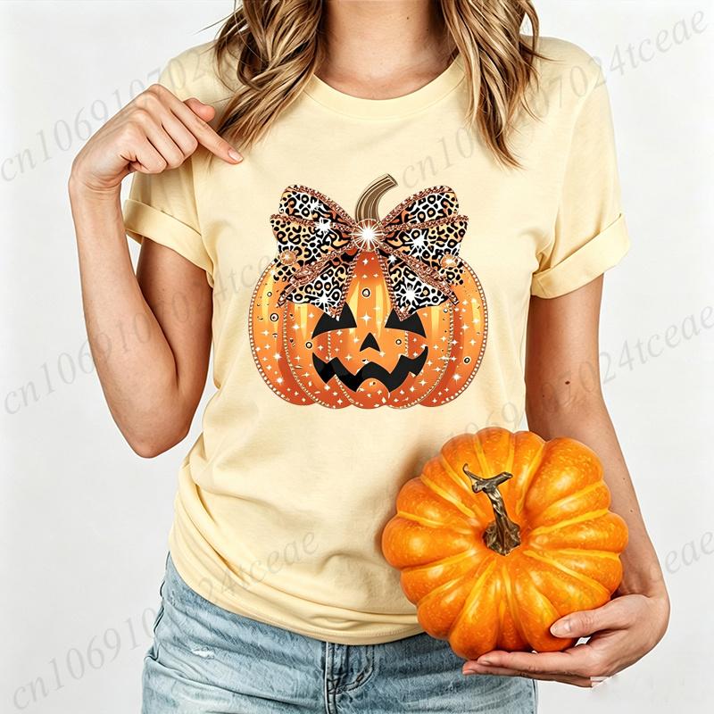 T-Shirt for Women Scary Pumpkin Head Graphic Tops Leopard Evil Pumpkin Face Halloween Print Tee Shirts Y2K Aesthetic Streetwear