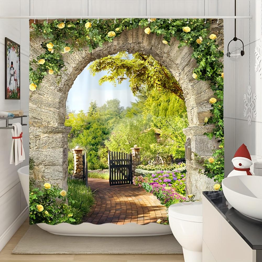 Enchanting Garden Arch Bath Curtain - Stone Archway & Lush Flowers; Waterproof Home Decor Adds Nature'S Beauty To Your Bathroom.