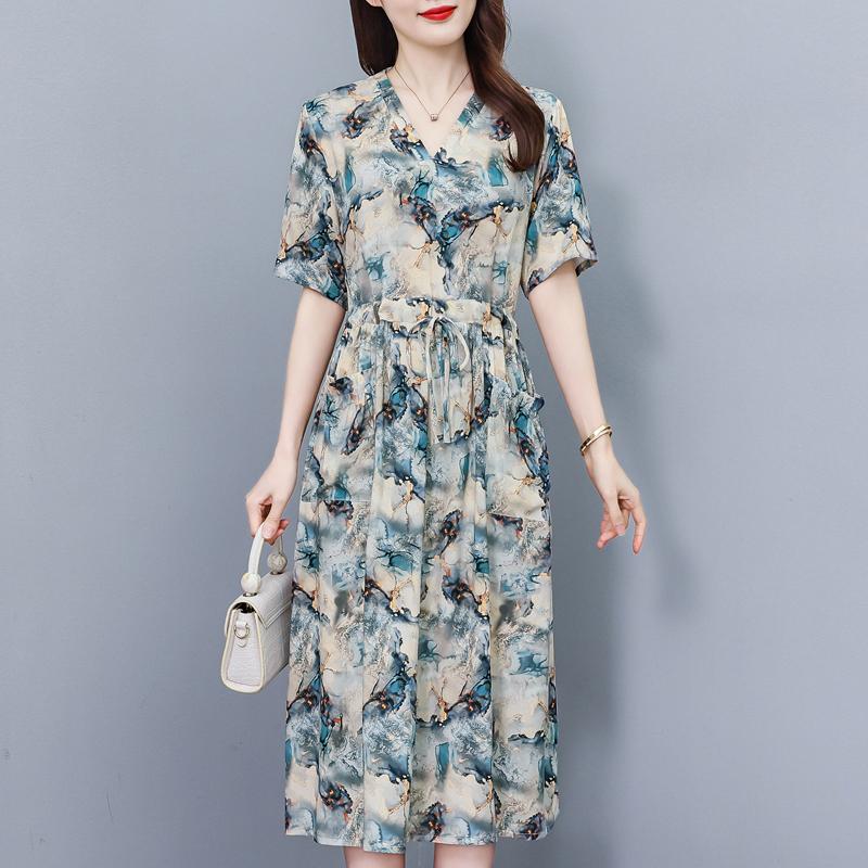 Elegantes Sommerkleid für Damen Vintage Kleidung Übergröße Lässig Kurzarm Langes Kleid
