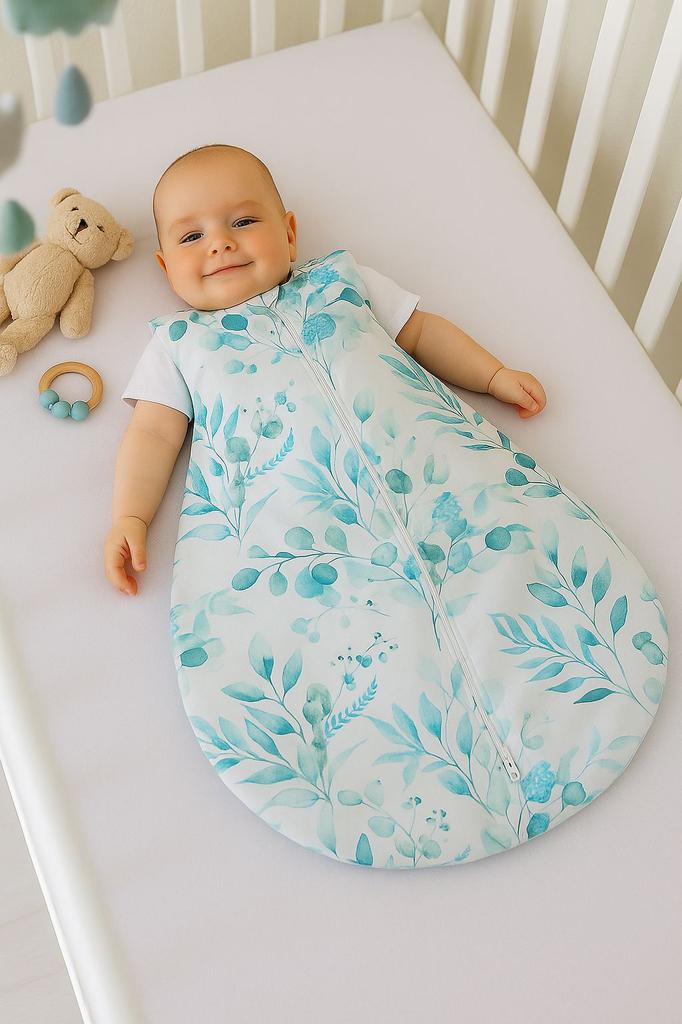 Rounded cotton sleeping bag for children S 0-6 months summer TOG 1.0 - eucaliptus mint