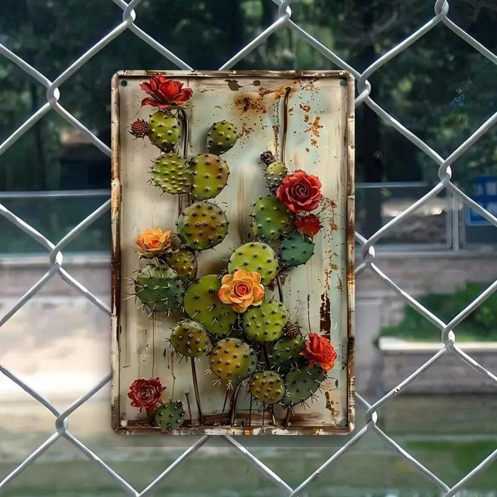 Vintage Metal Wall Art Rustic Tin Sign Cactus Flower Retro Decor