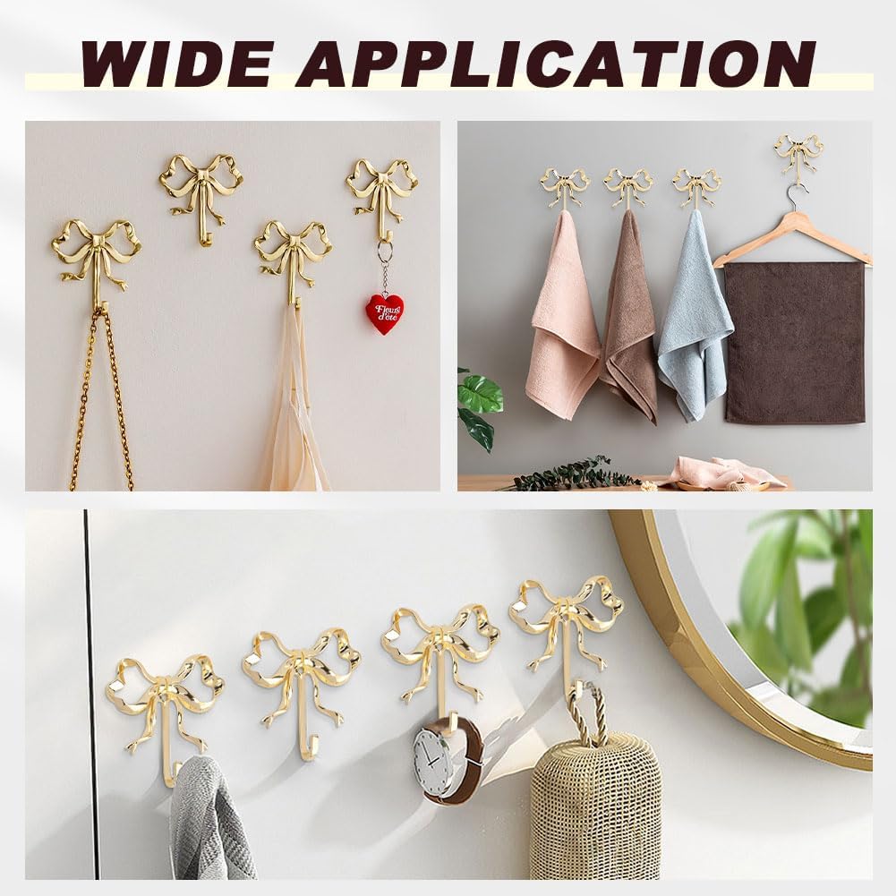 Gold Bow Wall Hook, 2Pcs Large Size Coat Hook, Metal Hook Bow Hooks for Coats, Hats, Bags, Bath Towels and Room Decorations, for Wedding Bathroom