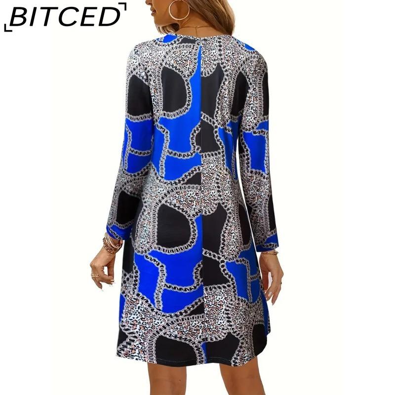 BITCED Spring/Summer Women's Wear Printed Wave-Pattern V-Neck Lace-Panel Short-Sleeved Dress