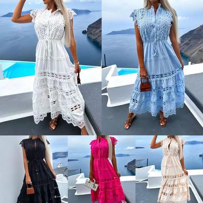 Weißes Spitzen-Spleiß-Ausschnitt-Langes Kleid Damen Sommer Stickerei Maxi Sommerkleid Vintage Ärmellos Hohe Taille Hemd Robe Femme