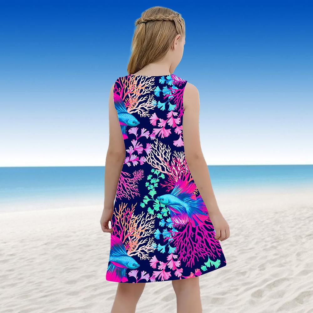 Summer Sleeveless Round-neck Vest Dresses Princess Dresses Cute 3D Printing Submarine Coral Pattern Girls' Dresses