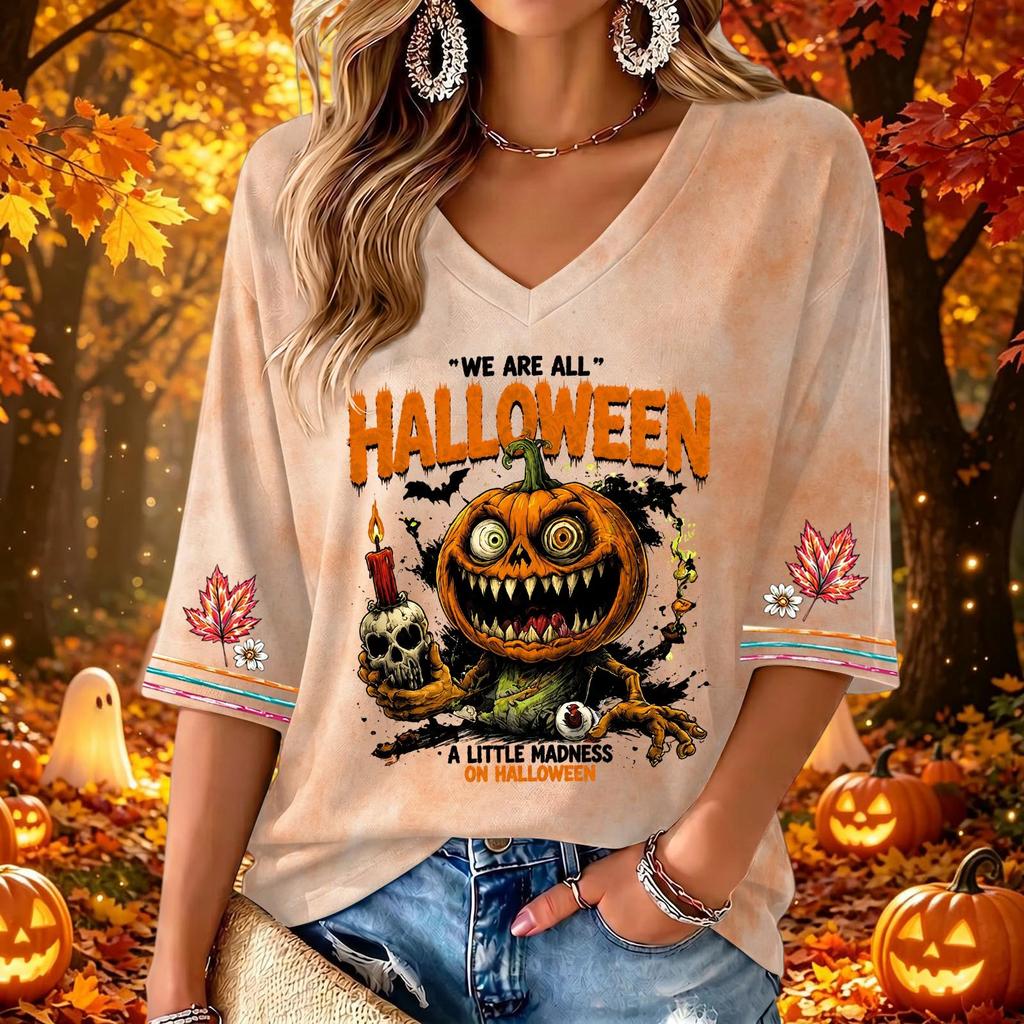 Women's V-Neck Three-Quarter Sleeve Casual Top with Halloween Print