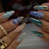 24x Reusable Full Cover False Nail Ocean Star Jellyfish Press On Nail Almond Shaped Stick On Nail Acrylic Nail