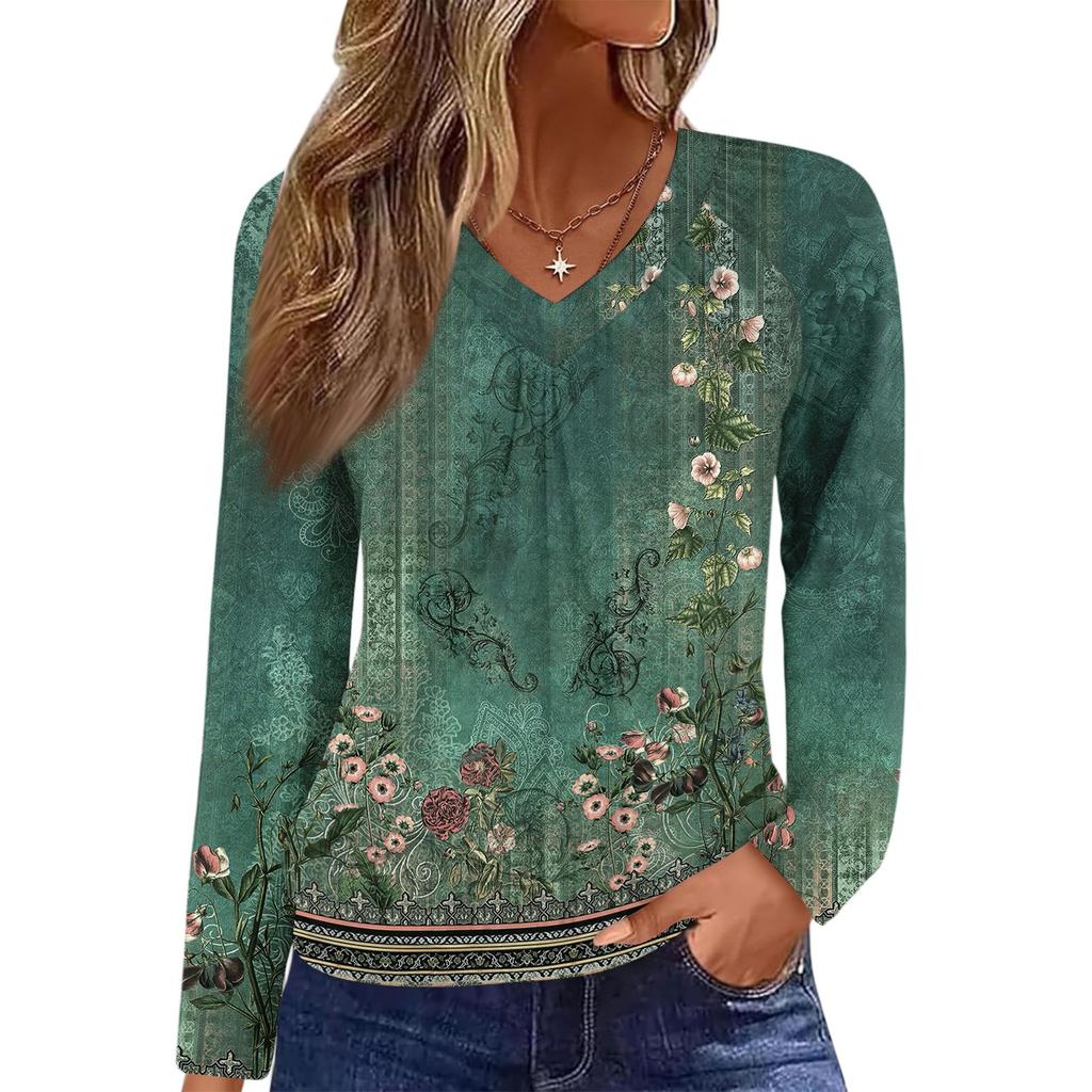 Women's Casual Fashion V-Neck Raglan Pleated Floral Print Long Sleeve Top