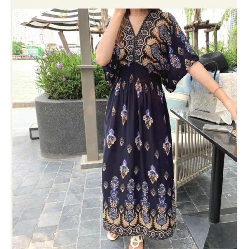 Korean Style Plus size women clothing V-neck Ethnic Style Print Waist Hugging Fashion Loose Batwing Sleeve Dress Long dress XL-5XL