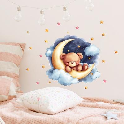 Self Adhesive Cartoon Star Good Night Little Bear On The Moon Wall Stickers For Children's Room Home Beautification Decoration