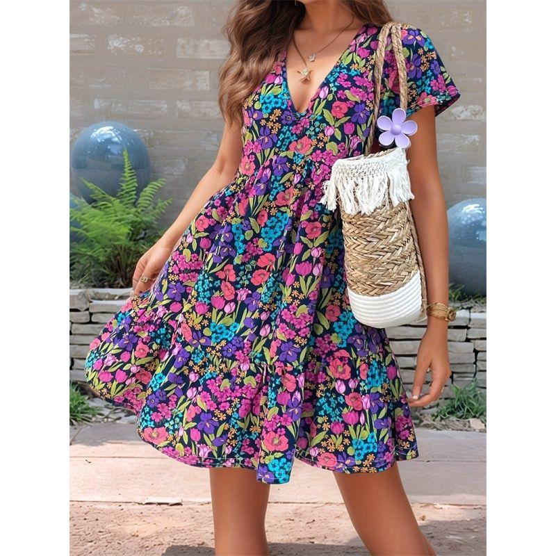 

Spring Summer Women Dress Print Ladies Skirt Print Short sleeve Dress Women Purple 2XL